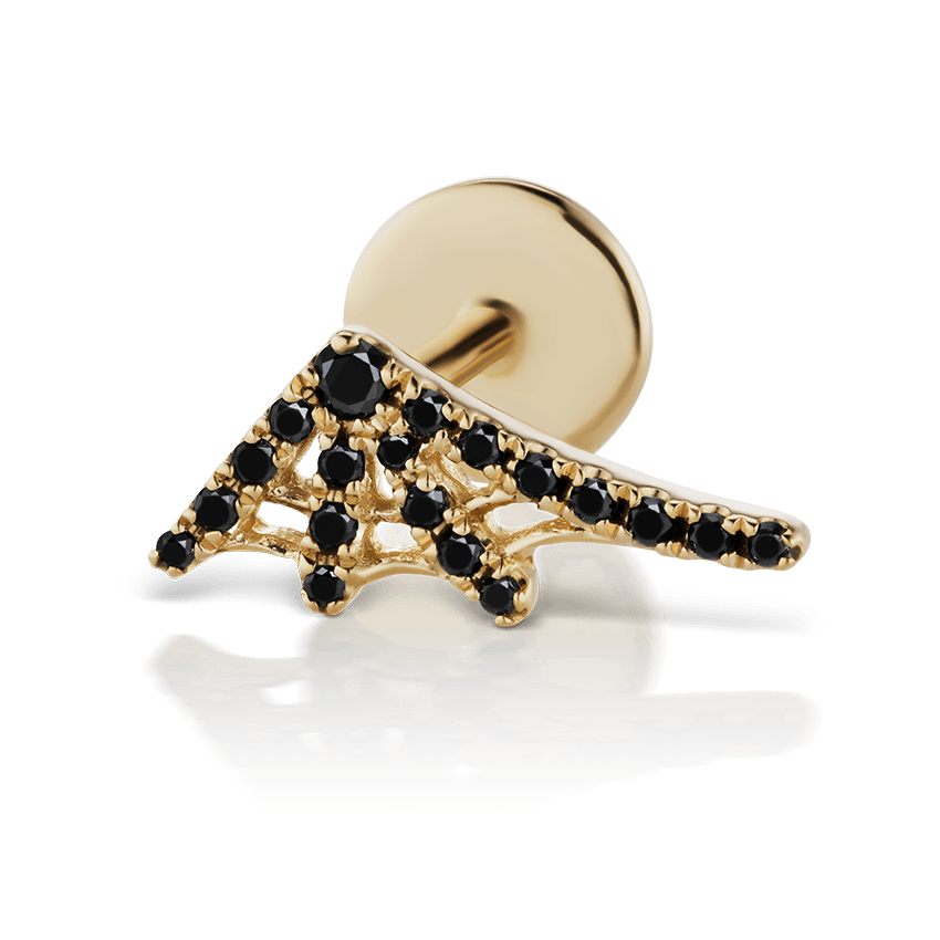 Black Diamond Web Threaded Stud Earring Yellow Gold 10mm Left