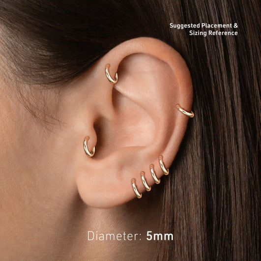 Suggested earlobe or cartilage placement for 5mm hoop earring size guide