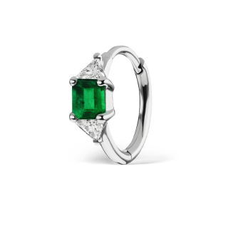 3mm Emerald and Diamond Princess Triangle Hoop (Non Rotating) White Gold 8mm