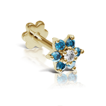 Blue Diamond Flower Threaded Stud Earring Yellow Gold 4.5mm