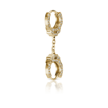 Double sided Diamond Handcuff Hoop Earring with Short Chain Yellow Gold 6.5mm