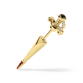 Black and White Diamond Long Sword with Ruby Drops Earstud Yellow Gold 22mm