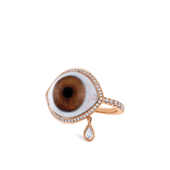 Diamond Halo Teardrop Eye Finger Ring Rose Gold US 7 Brown