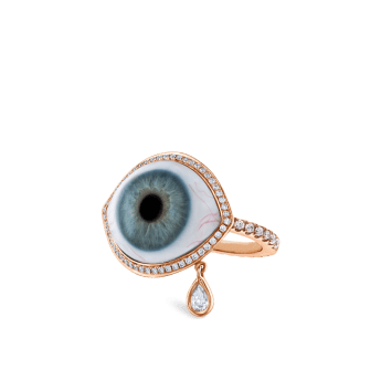 Diamond Halo Teardrop Eye Finger Ring Rose Gold US 5.5 Blue