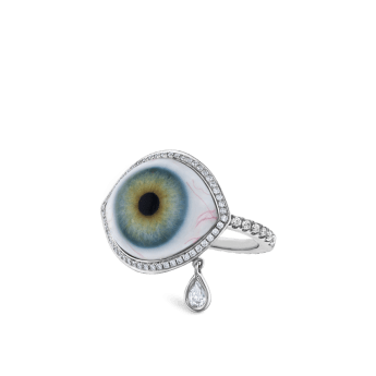 Diamond Halo Teardrop Eye Finger Ring White Gold US 7 Tash Green