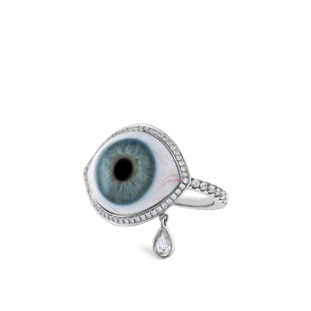 Diamond Halo Teardrop Eye Finger Ring White Gold US 7 Blue