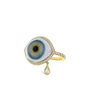 Diamond Halo Teardrop Eye Finger Ring Yellow Gold US 7 Tash Green