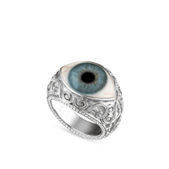 Lace and Pavé Diamond Eye Finger Ring White Gold US 7 Blue