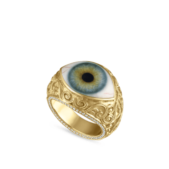 Lace and Pavé Diamond Eye Finger Ring Yellow Gold US 7 Tash Green