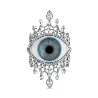 Diamond Crown Eye Finger Ring White Gold US 5.5 Blue