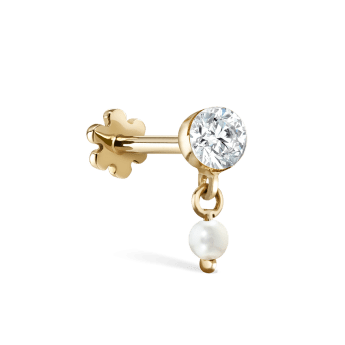 Invisible Set Diamond and Pearl Dangle Threaded Stud Earring Yellow Gold 3mm / 2mm