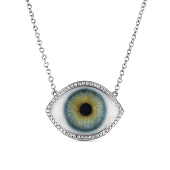 Diamond Halo Eye Necklace White Gold Tash Green