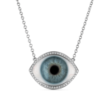 Diamond Halo Eye Necklace White Gold Blue