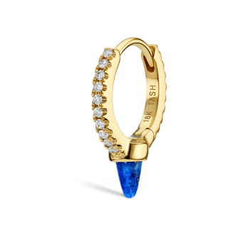 Lapis Single Short Spike Diamond Eternity Hoop Earring Yellow Gold 8mm