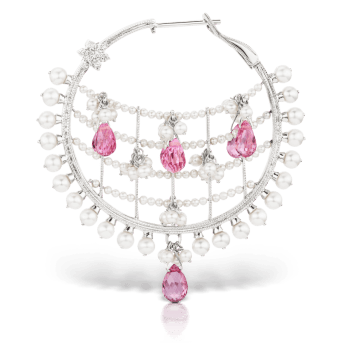 Pearl Coronet Diamond Flower and Pink Briolettes Hoop Earring