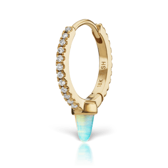 Single Short Opal Spike Diamond Eternity Hoop Earring Yellow Gold 9.5mm