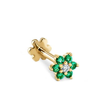 Emerald and Diamond Flower Threaded Stud Earring Yellow Gold 4.5mm