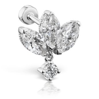 Diamond Engraved Lotus with Dangle Threaded Stud Earring White Gold 6mm