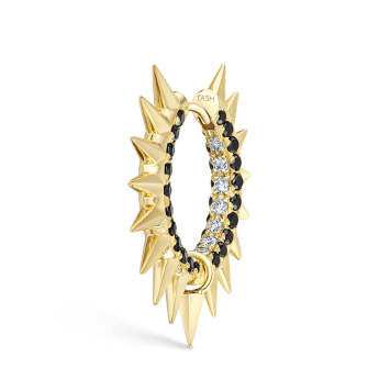 Metal Mohawk with Black and White Diamond Pavé Hoop Earring Yellow Gold 11mm