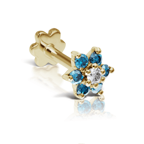 Blue Diamond Flower Threaded Stud Earring Yellow Gold 4.5mm
