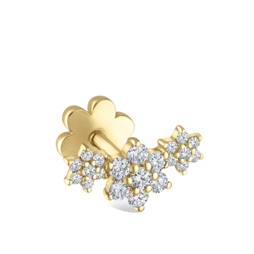 Three Flower Garland Diamond Threaded Stud Earring Yellow Gold