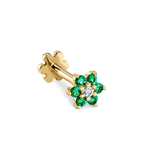 Emerald and Diamond Flower Threaded Stud Earring Yellow Gold 4.5mm