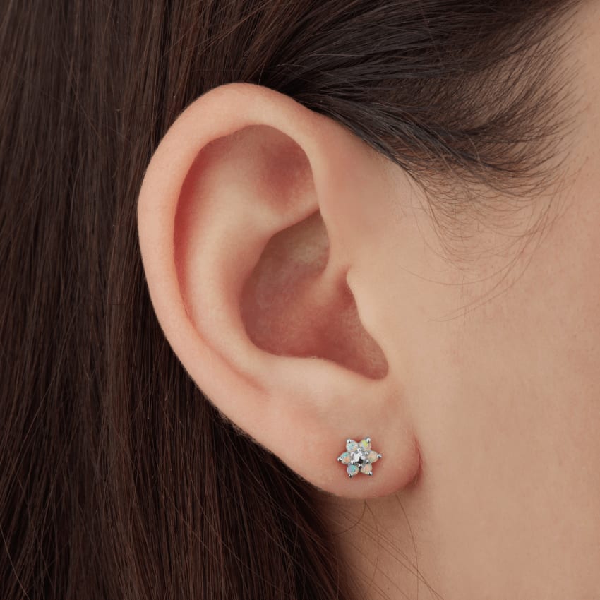 Opal Flower with Diamond Center Threaded Stud Earring Yellow Gold 6.5mm