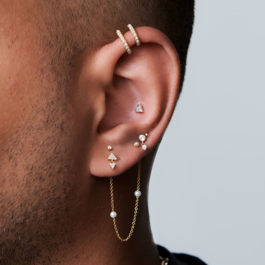 Invisible Set Diamond and Pearl Dangle Threaded Stud Earring Rose Gold 3mm / 2mm