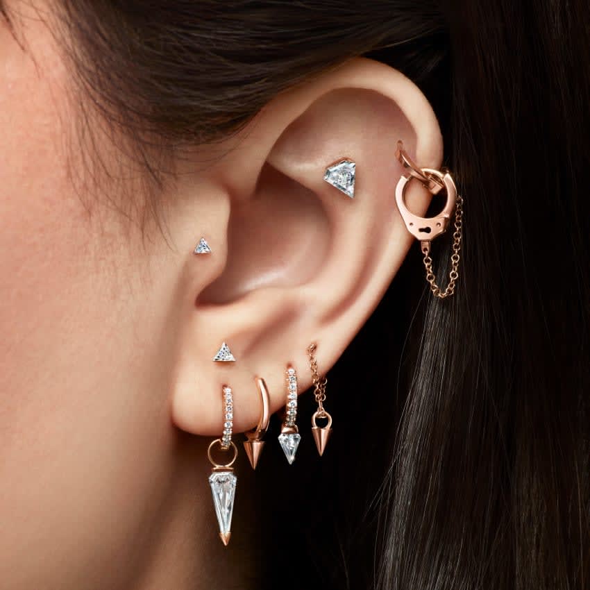 Silhouette Diamond Short Spike Eternity Hoop Earring Yellow Gold 8mm