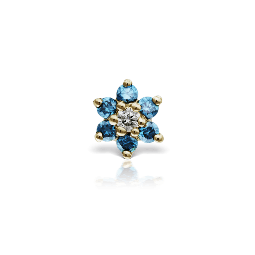 Blue Diamond Flower Threaded Stud Earring Yellow Gold 4.5mm