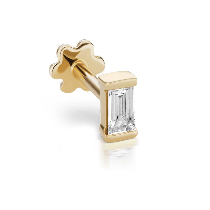 Diamond Baguette Threaded Stud Earring Yellow Gold 4mm