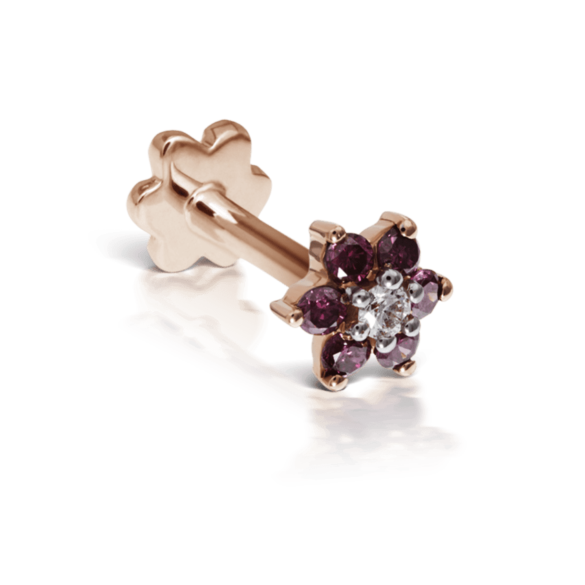 Rose Purple Diamond Flower Threaded Stud Earring Rose Gold 4.5mm