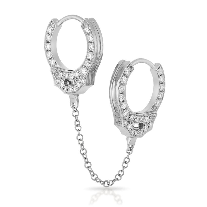 Double sided Diamond Handcuff with Medium Chain Hoop Earring White Gold 8mm
