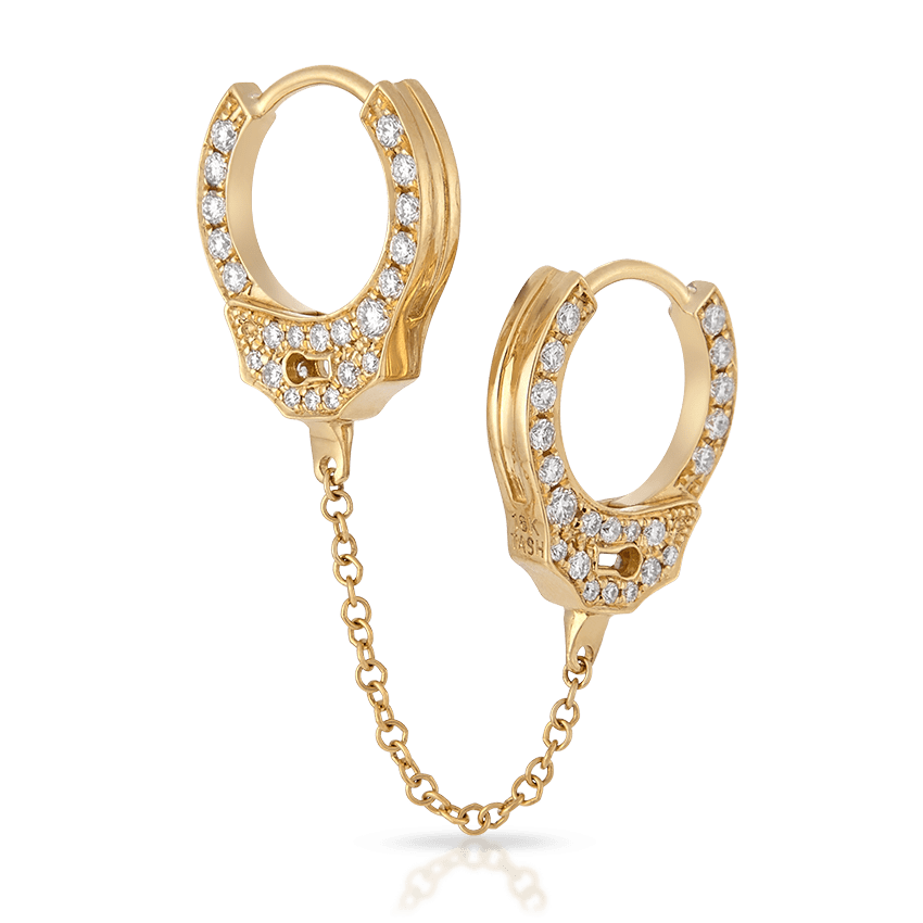 Double sided Diamond Handcuff with Medium Chain Hoop Earring Yellow Gold 8mm