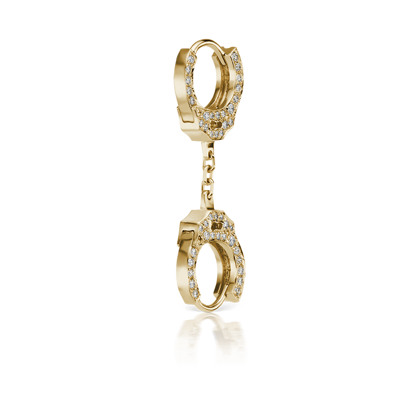 Double sided Diamond Handcuff Hoop Earring with Short Chain Yellow Gold 6.5mm