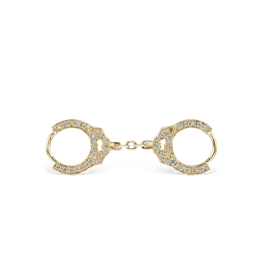 Double sided Diamond Handcuff Hoop Earring with Short Chain Yellow Gold 6.5mm