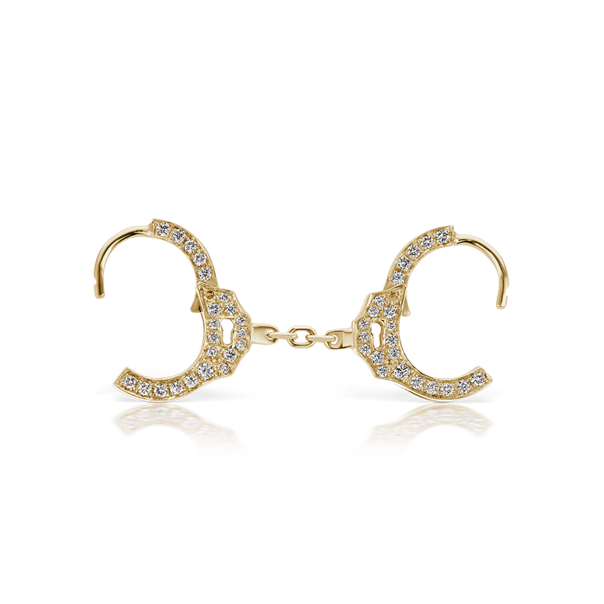 Double sided Diamond Handcuff Hoop Earring with Short Chain Yellow Gold 6.5mm