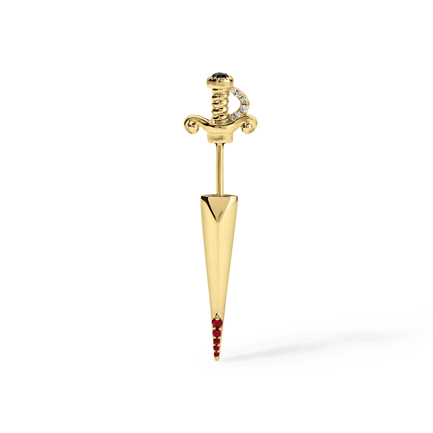 Black and White Diamond Long Sword with Ruby Drops Earstud Yellow Gold 22mm