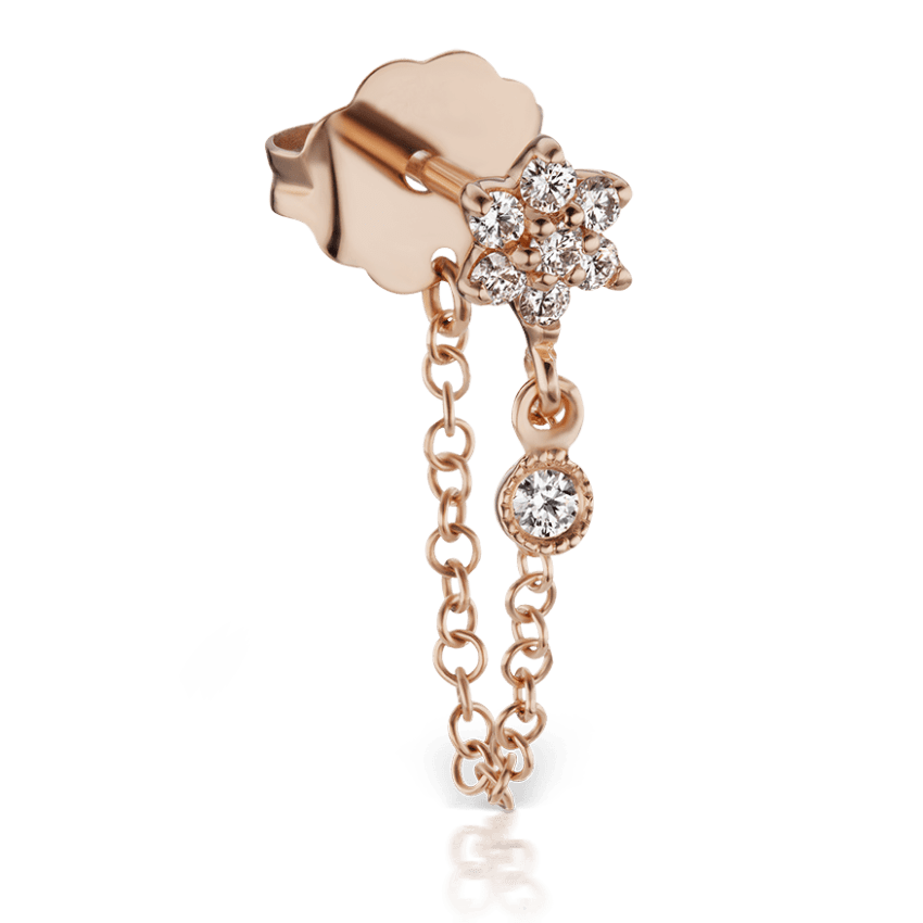 Diamond Flower Chain Wrap Stud Earring with Dangle Rose Gold 4.5mm