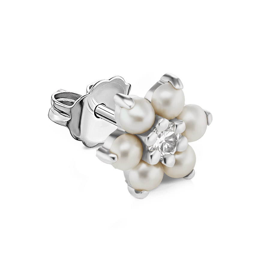 Pearl and Diamond Flower Stud Earring White Gold 7mm