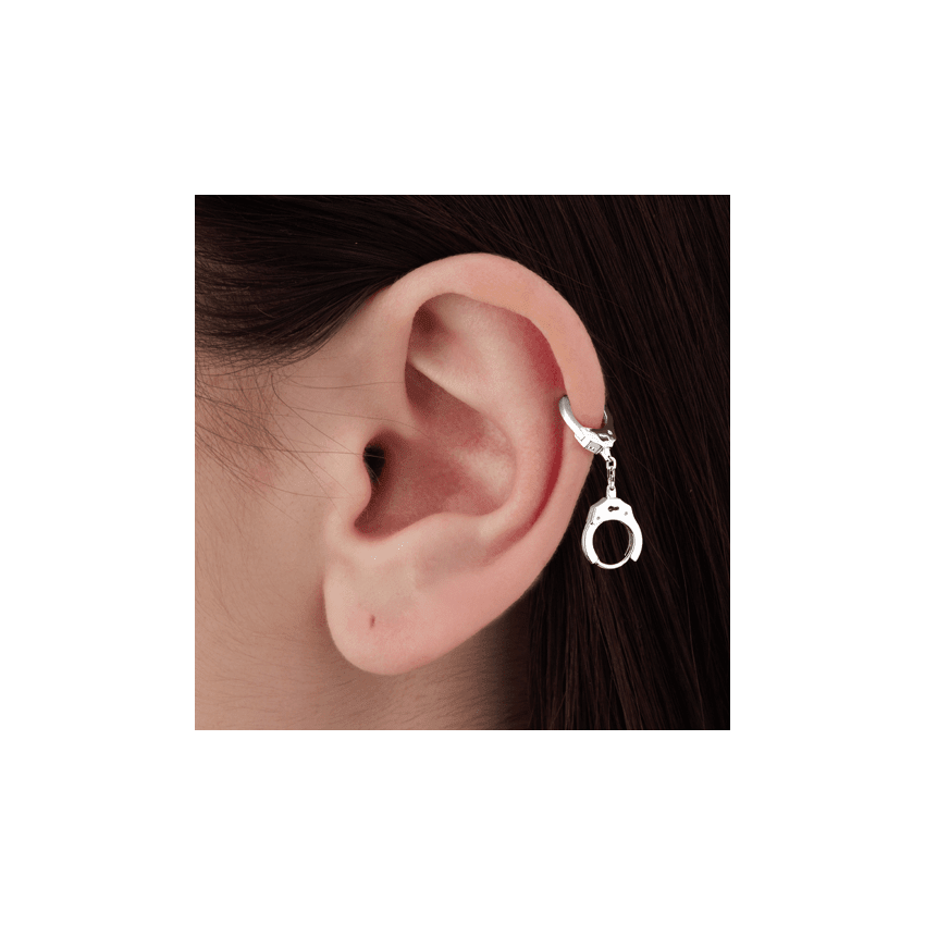 Handcuff Hoop Earring with Short Chain White Gold 8mm