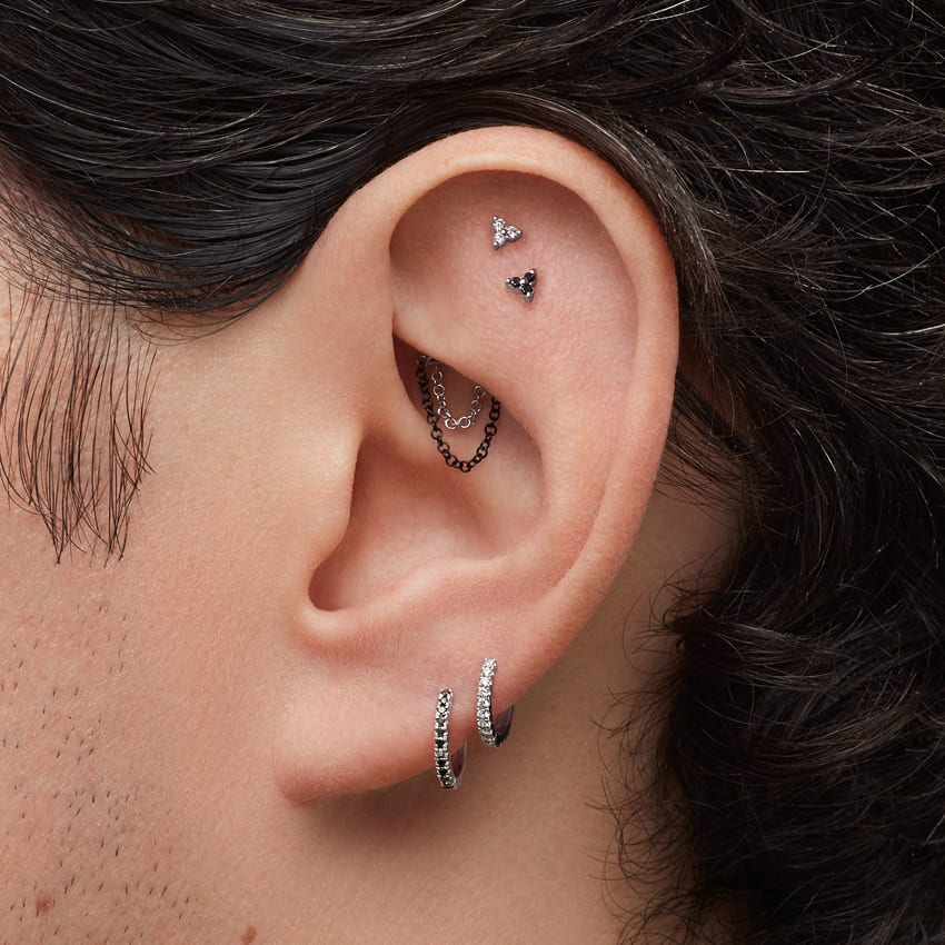 Black Diamond Trinity Threaded Stud Earring Yellow Gold 3mm
