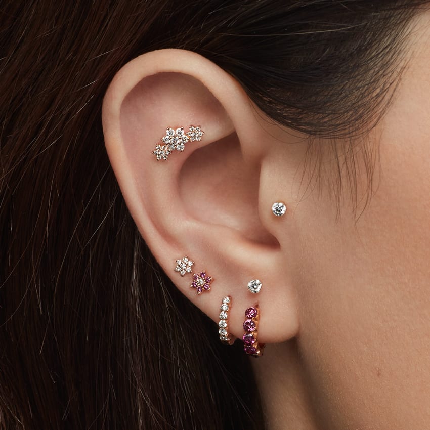 Diamond Flower Threaded Stud Earring White Gold 3mm