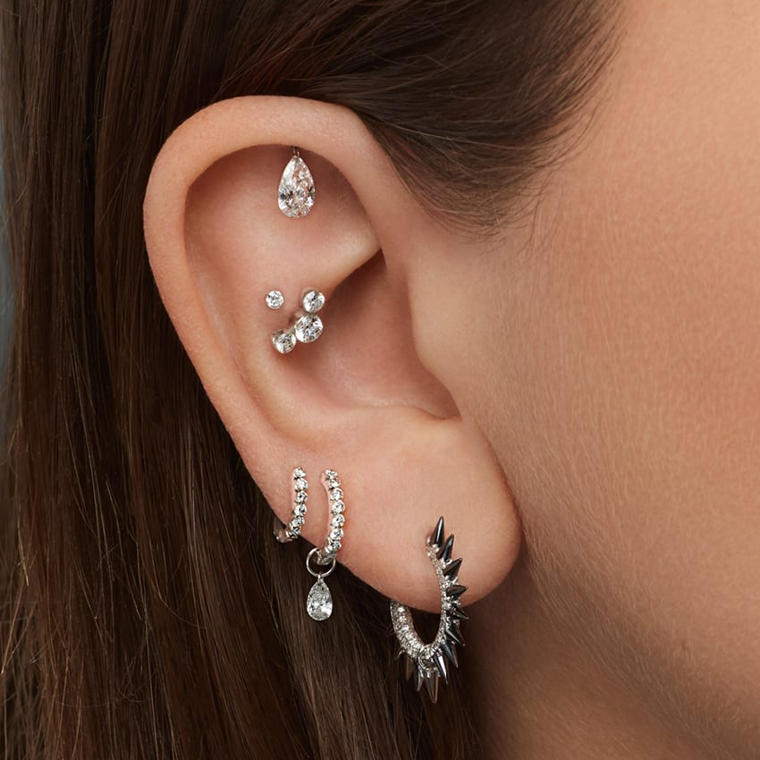 Black Moissanite Mohawk and Diamond Pavé Hoop Earring Yellow Gold 9.5mm