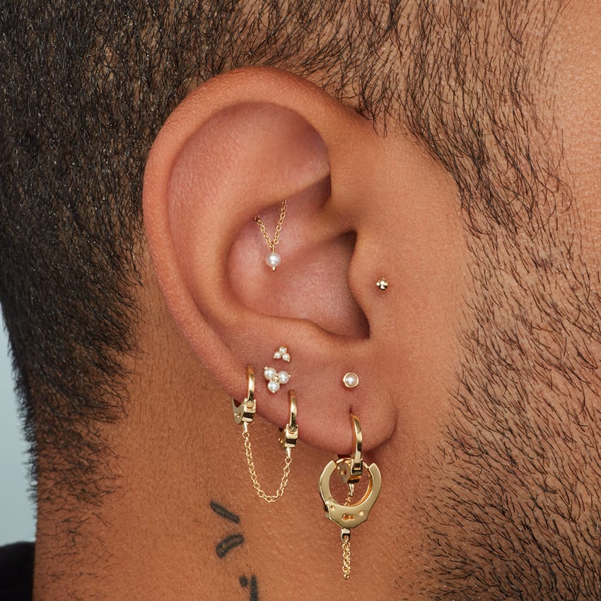 Pearl Trinity Threaded Stud Earring Yellow Gold 3mm MARIA TASH