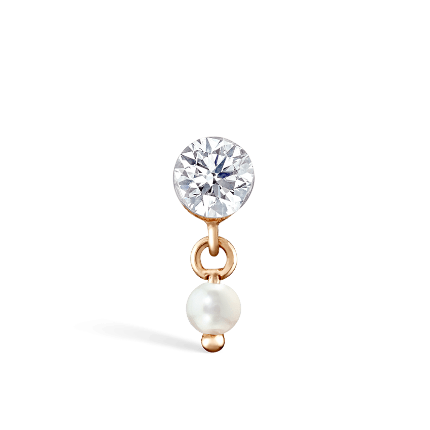 Invisible Set Diamond and Pearl Dangle Threaded Stud Earring Rose Gold 3mm / 2mm