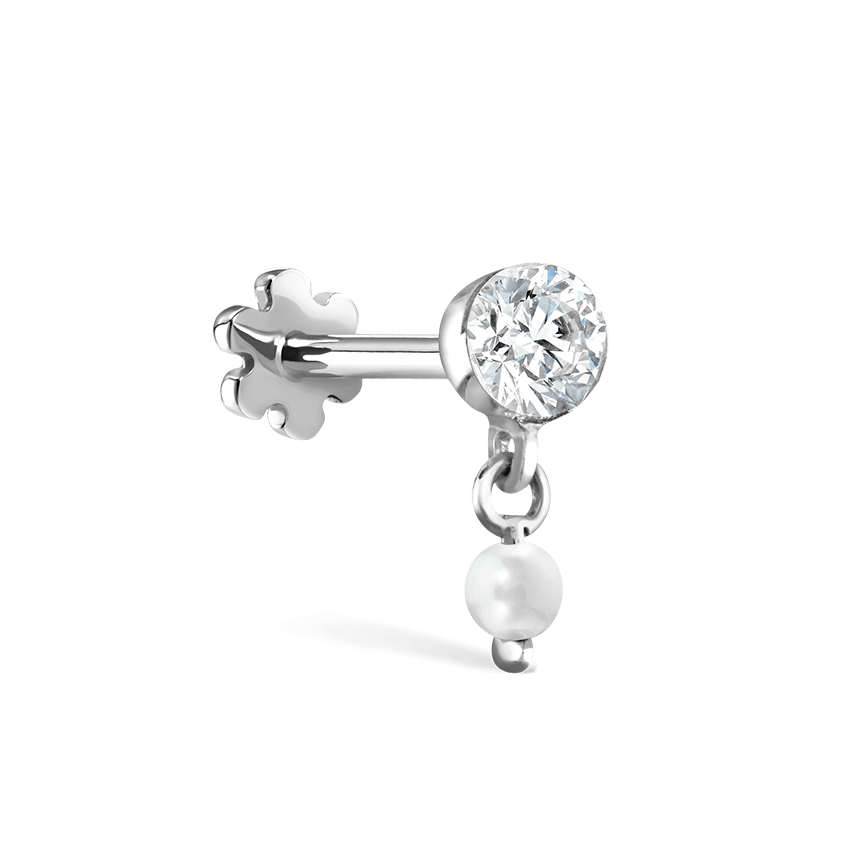 Invisible Set Diamond and Pearl Dangle Threaded Stud Earring White Gold 3mm / 2mm