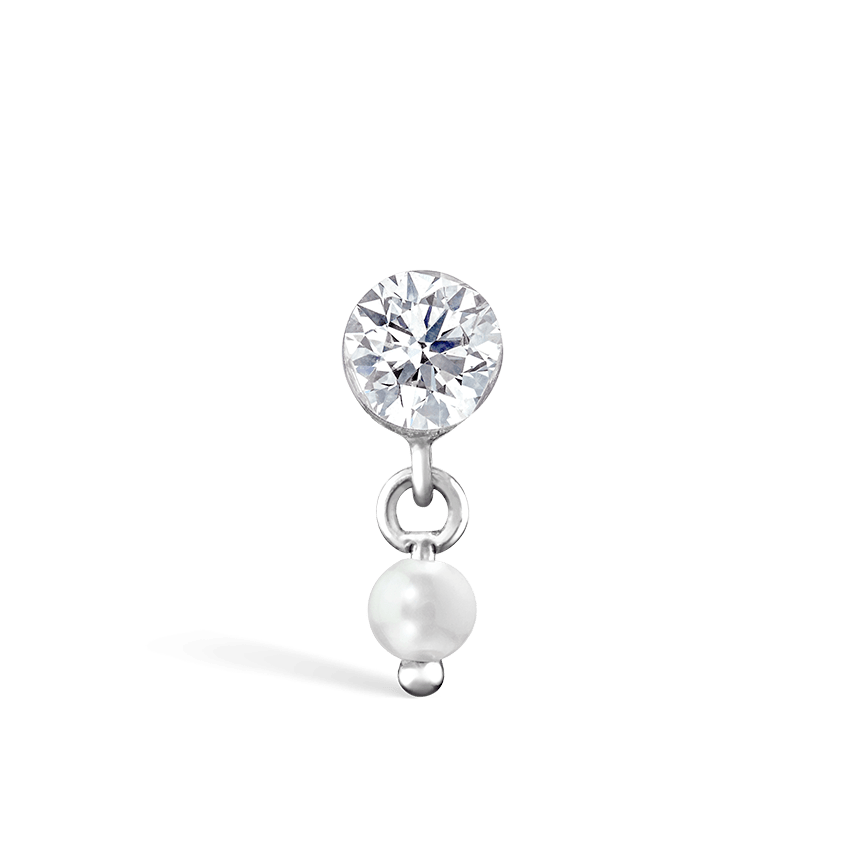 Invisible Set Diamond and Pearl Dangle Threaded Stud Earring White Gold 3mm / 2mm
