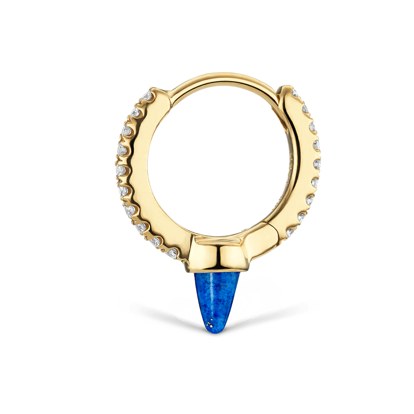 Lapis Single Short Spike Diamond Eternity Hoop Earring Yellow Gold 8mm