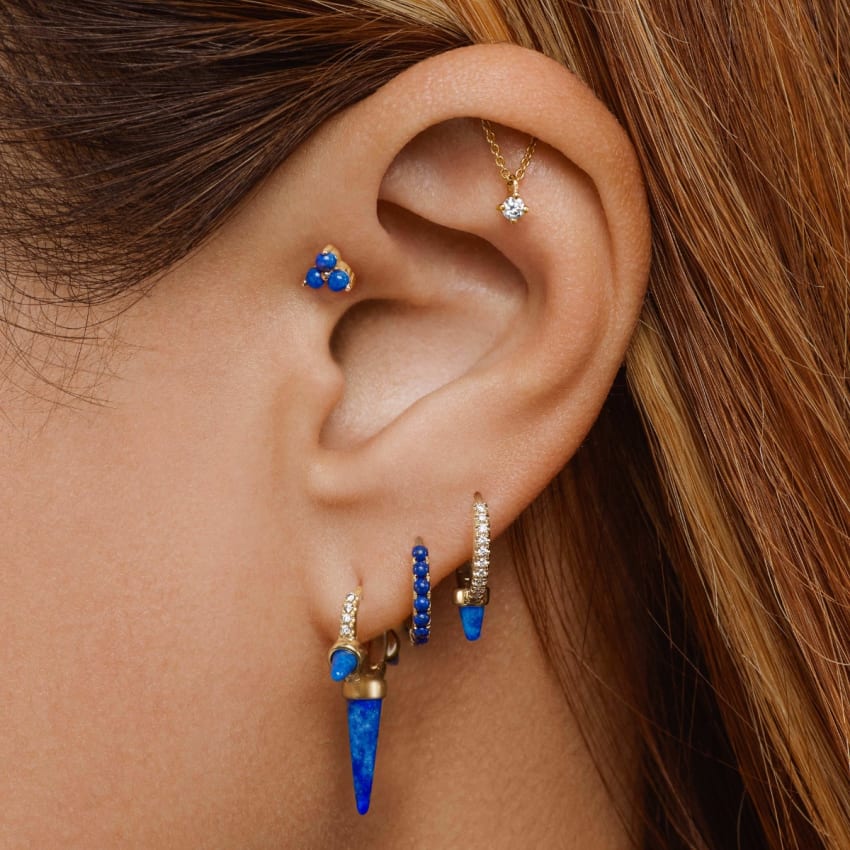 Lapis Single Short Spike Diamond Eternity Hoop Earring Yellow Gold 8mm